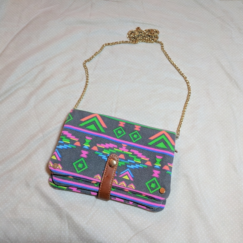 Neon Tribal Print Clutch Purse with Gold Chain
